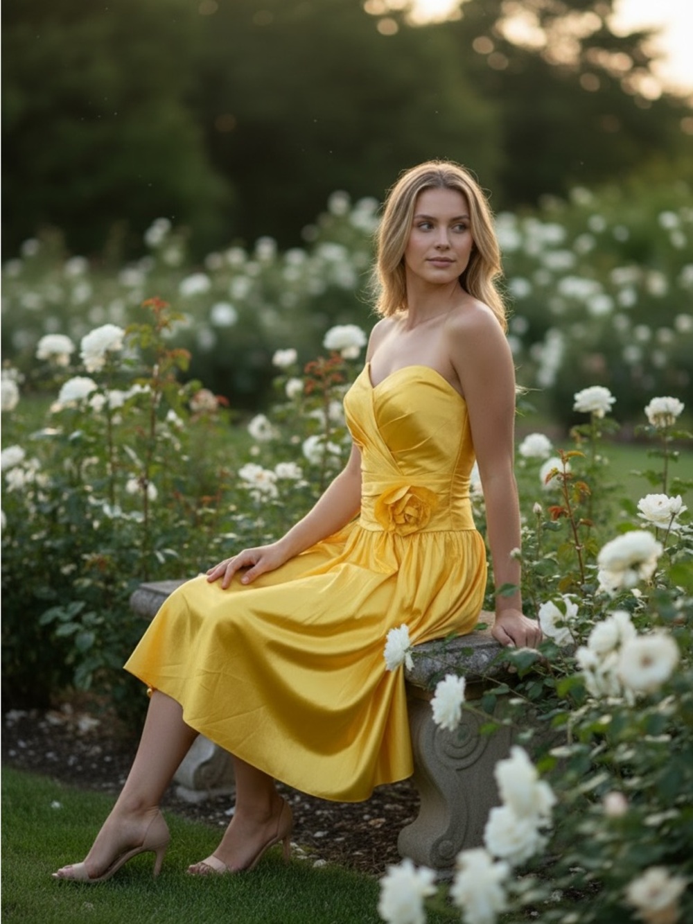 Symphony of Venus Strapless Yellow Satin Cocktail Dress Prom Flower Waist 14